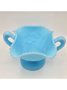 Fenton Three Fruits #8242 Handled Compote Satin Blue Milk Glass